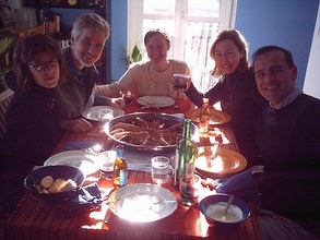 Eva, John N and Jill Thompson, Myriam and Pedro at Jordi's for a paella